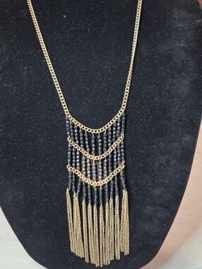 Long  Vintage Gold and Black Beaded Fringe Statement Necklace